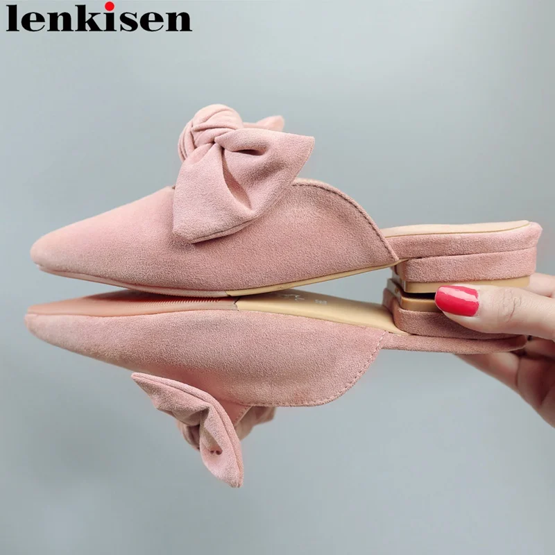 

Lenkisen 2018 fashion slingback slip on butterfly-knot mules office lady pointed toe elegant slipper summer women sandals L6
