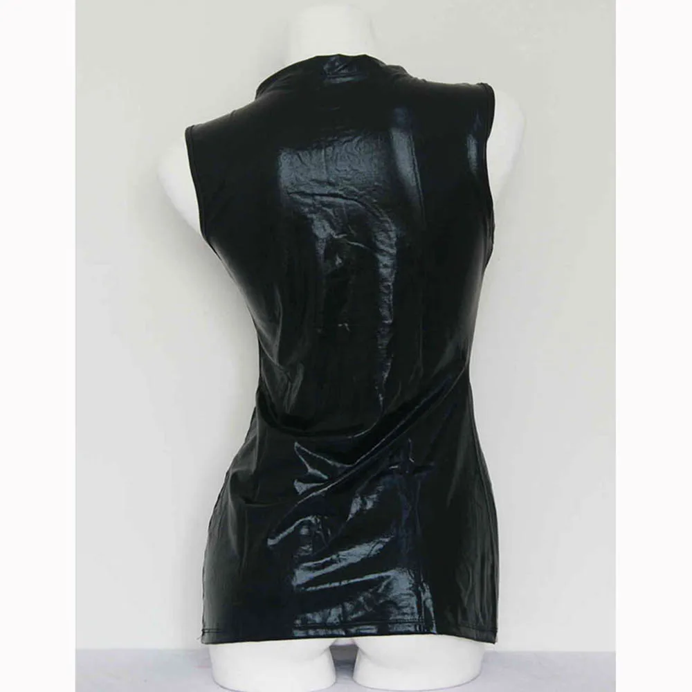 Black Faux Leather Lace Up Neck Wrapped Club Mini Dress Short Hollow Out Robe Women Wetlook Night Catsuit Dresses Clubwear Sexy (2)