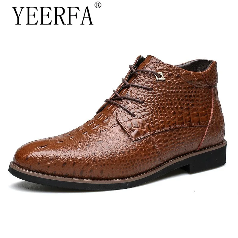 

YIERFA New Winter Fashion Crocodile Style Men Leather Boots Super Warm male Winter Shoes Waterproof Snow Boots Big Size 38-46