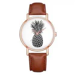 Забавный ананас Pattern Круглый циферблат Для женщин Мода Кварцевые наручные часы женские тонкий кожаный ремень часы relojes mujer 2018