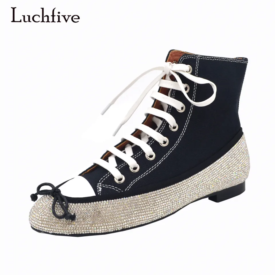 

Luchfive Crystal Bordered Canvas Flats Shoes Bowknot Cross Tied lace up Jeweled comfortable flat Heel Casual Shoes Woman