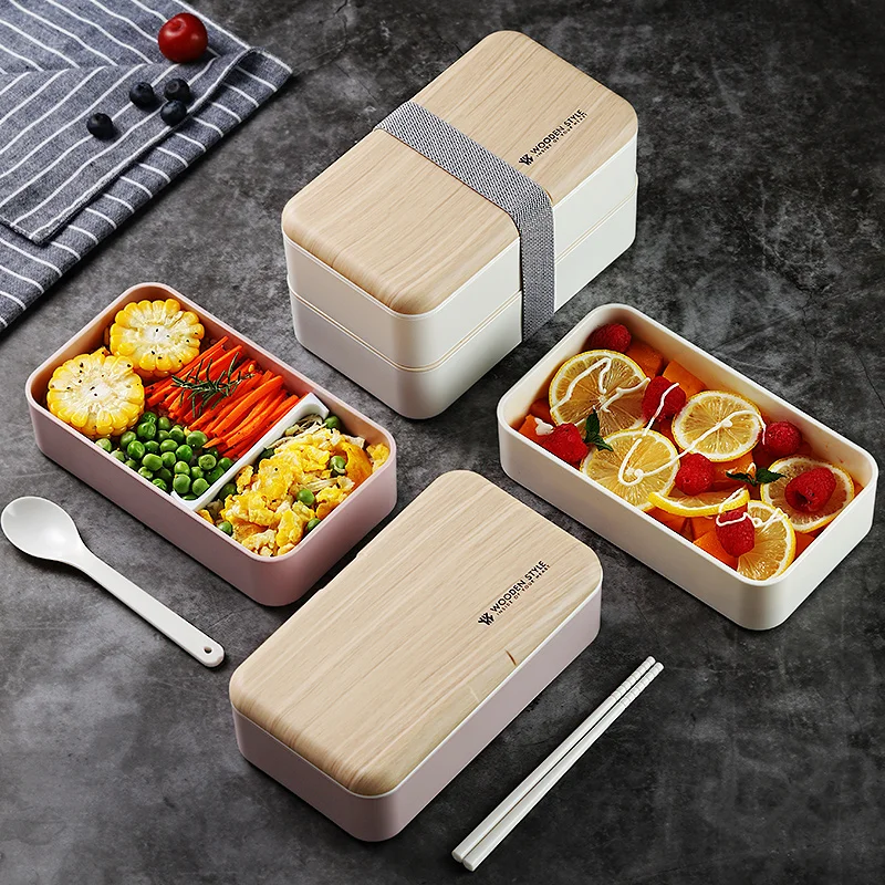 Tanie 2 warstwy pojemnik na Lunch do mikrofali japońskie drewno pojemnik bento dla dzieci pojemnik na jedzenie do przechowywania przenośny szkoła piknik z torba na Lunch 1200ml