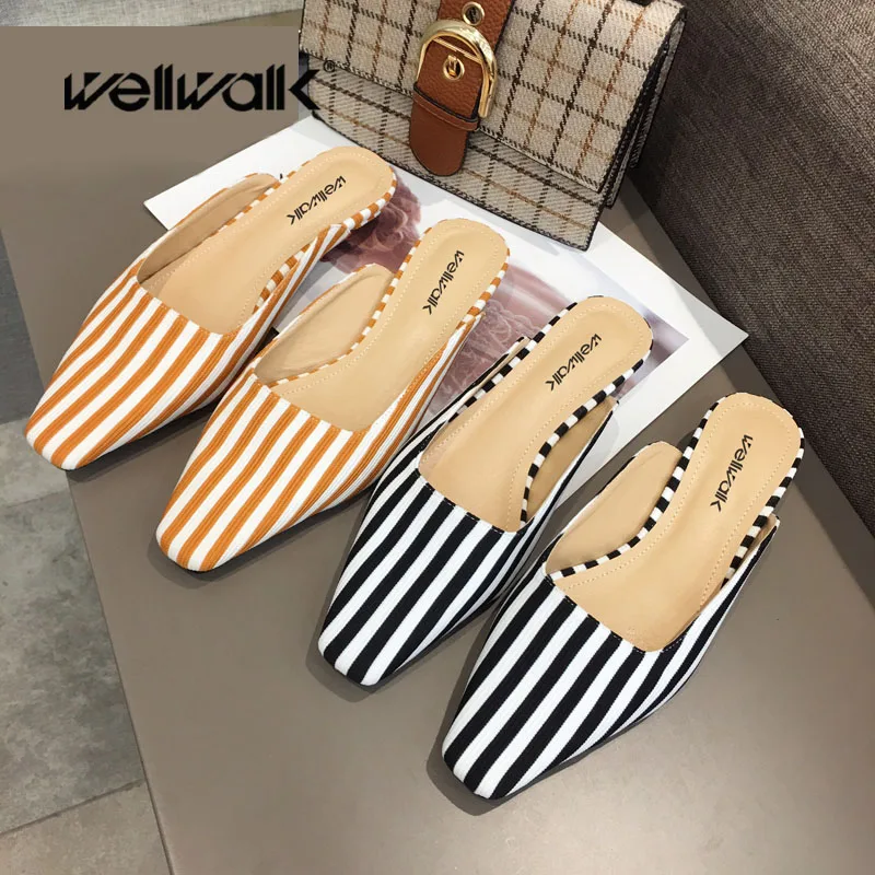 Wellwalk/Модные женские тапочки в полоску шлепанцы сезон весна милые сабо высокие
