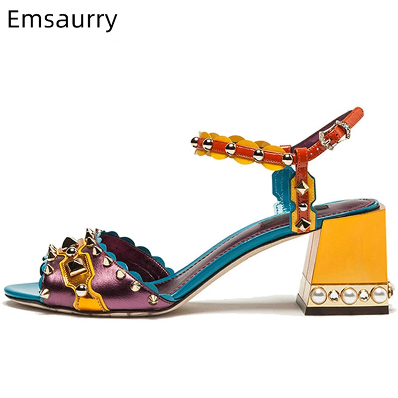 

Crystal Pearl Chunky Heel Sandalias Mujer 2019 Mixed Color Ankle Strap Open Toe Rivet Rhinestone Summer Shoes Zapatos De Mujer