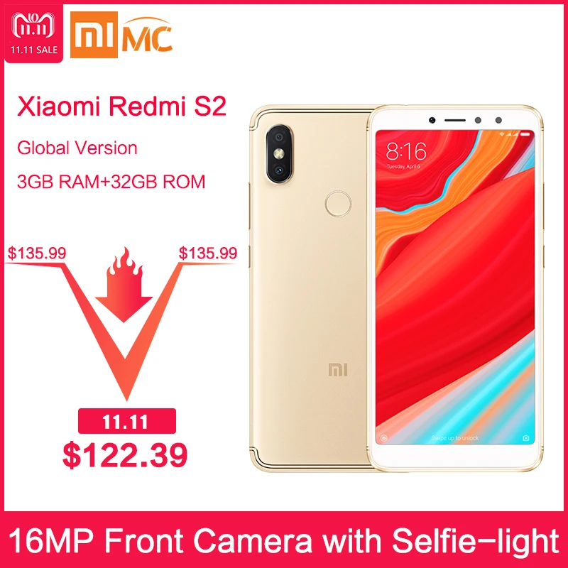  Глобальная версия Xiaomi Redmi S2 3 ГБ 32 ГБ Смартфон Android 8,1 Восьмиядерный процессор Snapdragon 625 5,99 "полный Экран 12MP + 5MP двойной Камера 
