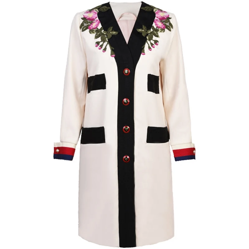 Дизайнерский роскошный модный Тренч с v-образным вырезом, однобортный, контрастный цвет, винтажное бежевое пальто с цветочной вышивкой