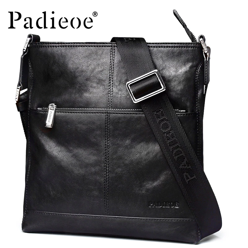 Padieoe Designer Korean Male Bags Genuine Leather Men's Bags Fashion Youth School Bag Male Leather Shoulder Bag For Travel Black
