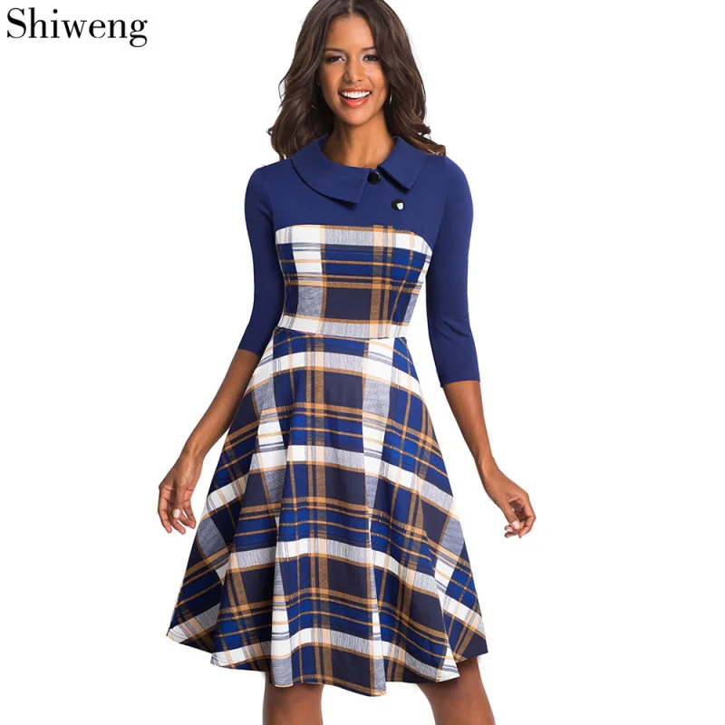 Shiweng, женское хлопковое(65%) платье, женские топы, mujer verano, женское винтажное свободное платье с отложным \ расклешенным воротником, A136