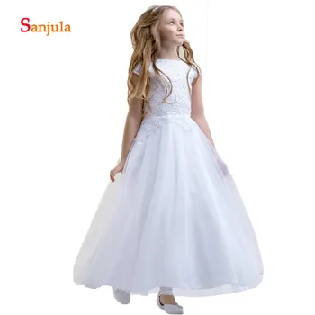 

Cap Sleeve White Tulle Flower Girls Dresses A-Line Appliques Girls Birthday Party Dresses Long sukienki komunijne D181