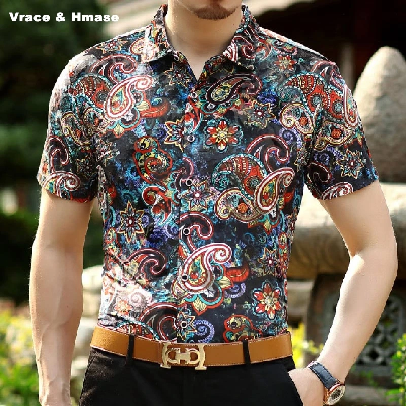National style Cashew flowers printing fashion slim short sleeve shirt