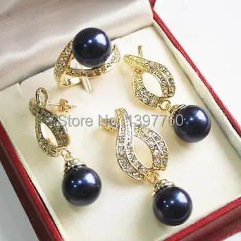

Free shipping Miss charm Jew.132 1Set AAA 12mm Black Shell Pearl Pendant Necklace Earrings Ring Set