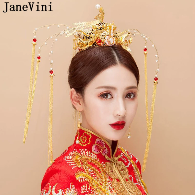 JaneVini 2018 Роскошная Свадебная заколка в китайском стиле феникс корона с кисточками