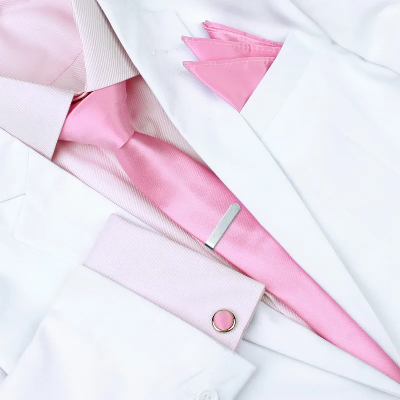 

HAWSON Pink Necktie Set with Pocket Square Button Cover Cufflinks and Tie Pin in Gift-Set for Wedding & Business Party