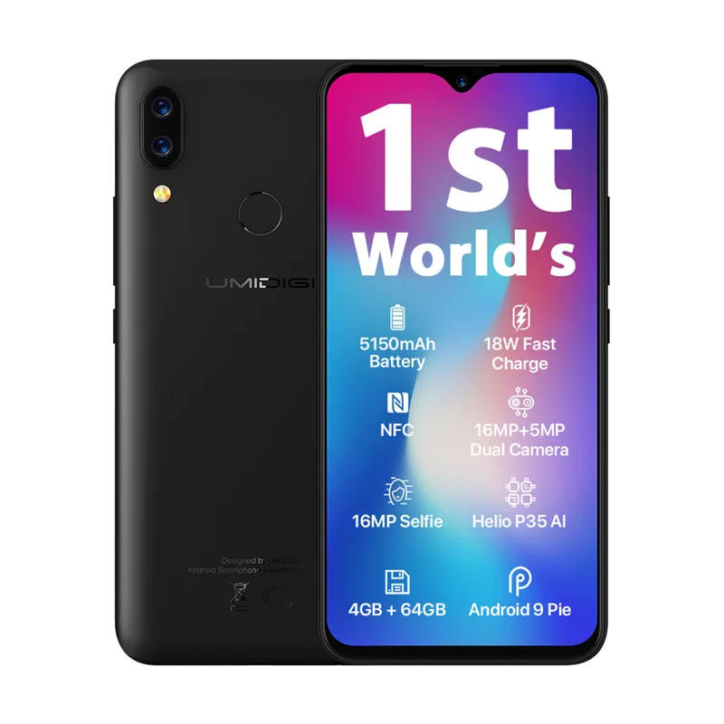 UMIDIGI power 6,3 ''экран капли воды смартфон 4 Гб 64 Гб Helio P35 Восьмиядерный Android 9,0 Dual SIM 16 МП Глобальный 4G мобильные телефоны - Цвет: Черный