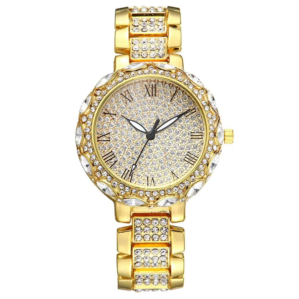 

Popular Sale Fashion Women Rhinestone Steel Strap Roman Numeral Round Dial Quartz Wrist Watch