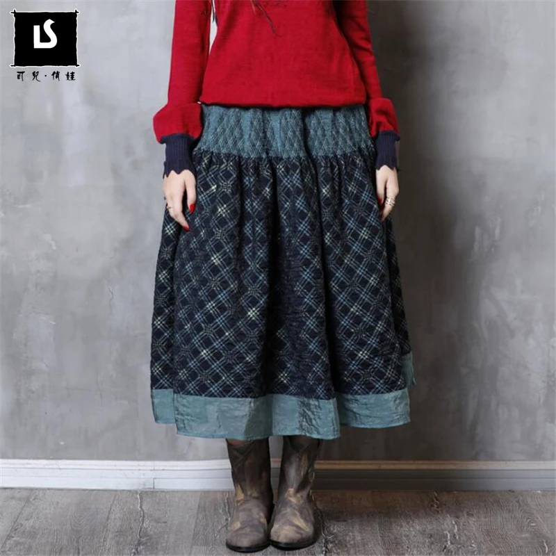 Blue Costura Señoras Cintura Impresas Elástica Faldas Maxi Retro Moda Larga Plisado Mujeres Midi Vintage Navy Falda Impresión Boho Plaid n0qSnZwfU