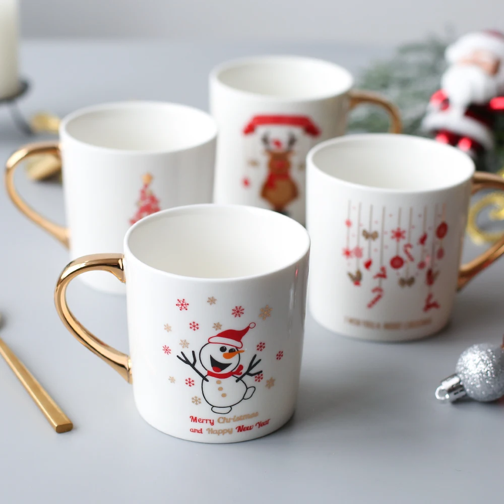 

Merry Christmas Girlfriend Gifts Ceramic Mugs Breakfast Milk Coffee Porcelain Mug With Gold Handgrip Elk Snowman Tree Printed