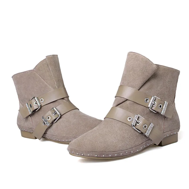 

New Spring/Autumn solid color flat shoes ankle boots comfortable and fashion ankle boots round toe double buckles boots D3662