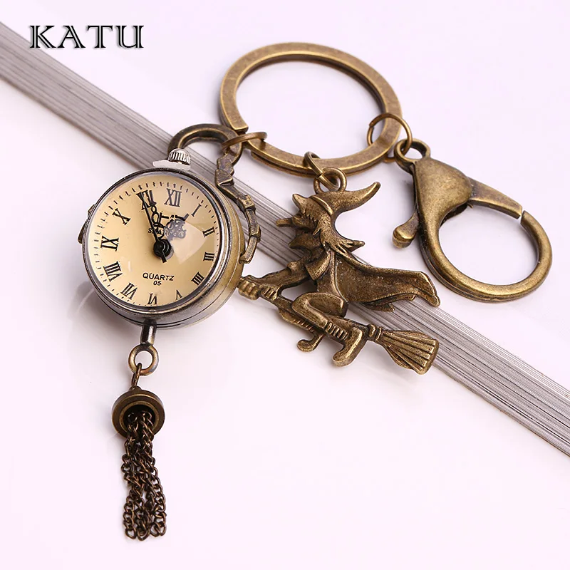 Katu Movable Pocket Watch Keychain Metal Fashion Vintage Witch Glass