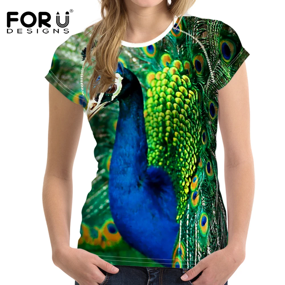 

FORUDESIGNS Beautiful Printing Animal Peacock Tshirt for Women Comfort Teen Girls Short T Shirt Cool Summer Tops Tees XXL