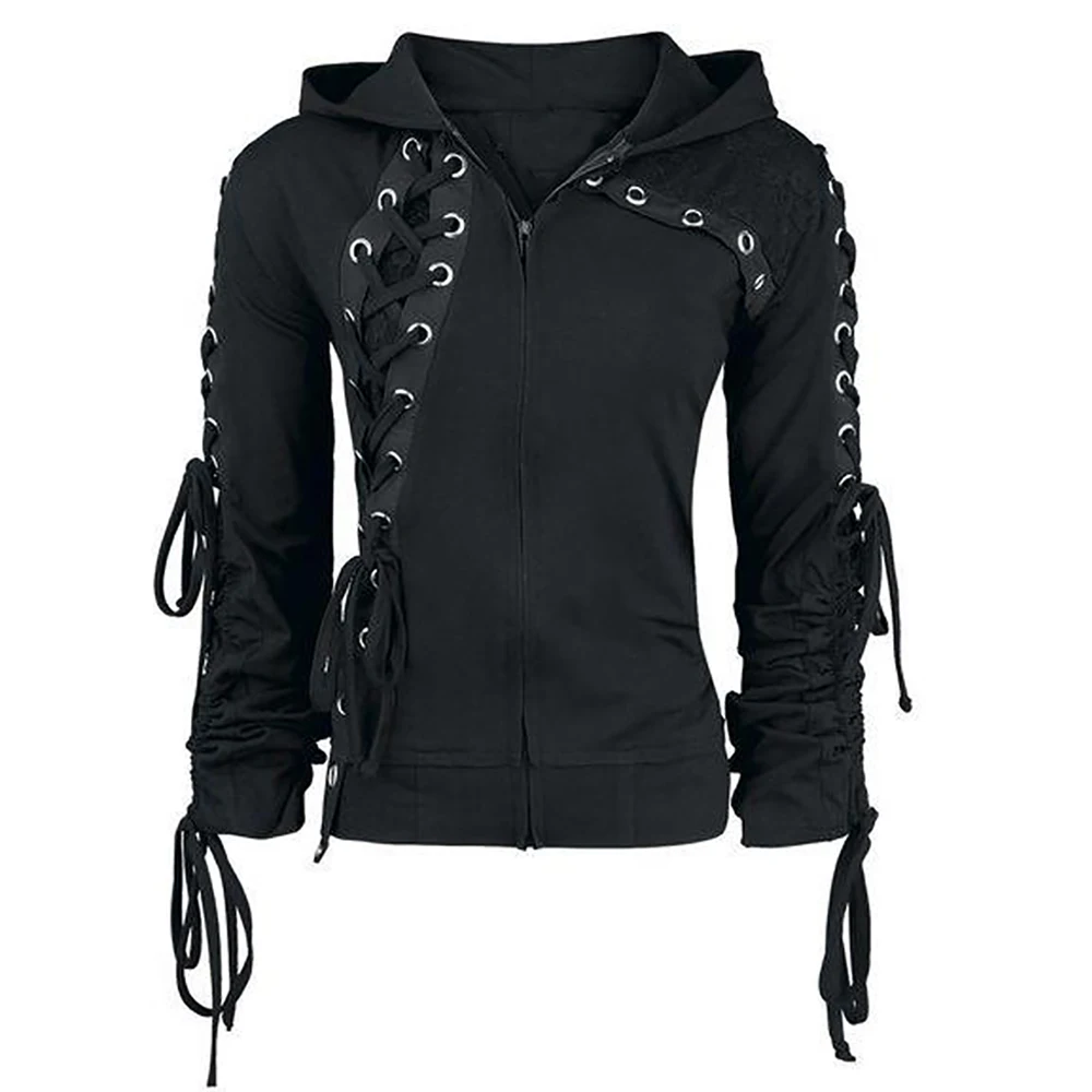 Baratos 2018 gotic Punk mujeres sudaderas con capucha de encaje de manga larga Casual Harajuku oscuridad Otoño Invierno Goth negro sudadera de talla grande