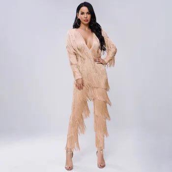 

New Style 2019 Jumpsuits Tassel Full Vintage Sexy Elegant Women Celebrity V Neck Night Club Body con Party Jumpsuits Wholesale
