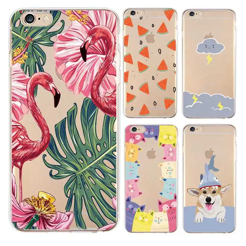 Cloud Soft Clear TPU Phone Case For iPhone 4/4s 5 5s 6 6plus 7 8plus x Silicone Flamingo Flora Cover Free Shipping | Мобильные
