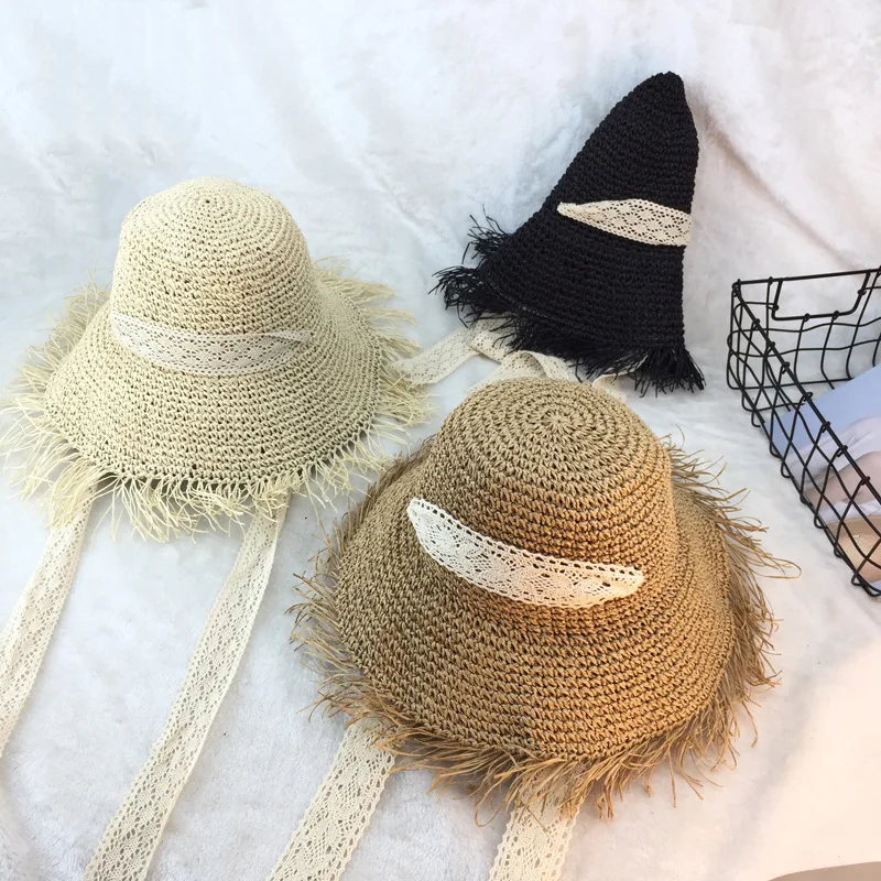 

01806-duxiao4185 summer handmade lace ribbon Beach tassel paper straw bucket cap women lady sunscreen fishermen hat wholesale