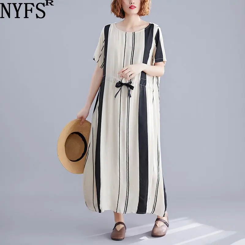 NYFS новое летнее платье свободного кроя модное удобное женское длинное платье в полоску винтажное женское платье большого размера