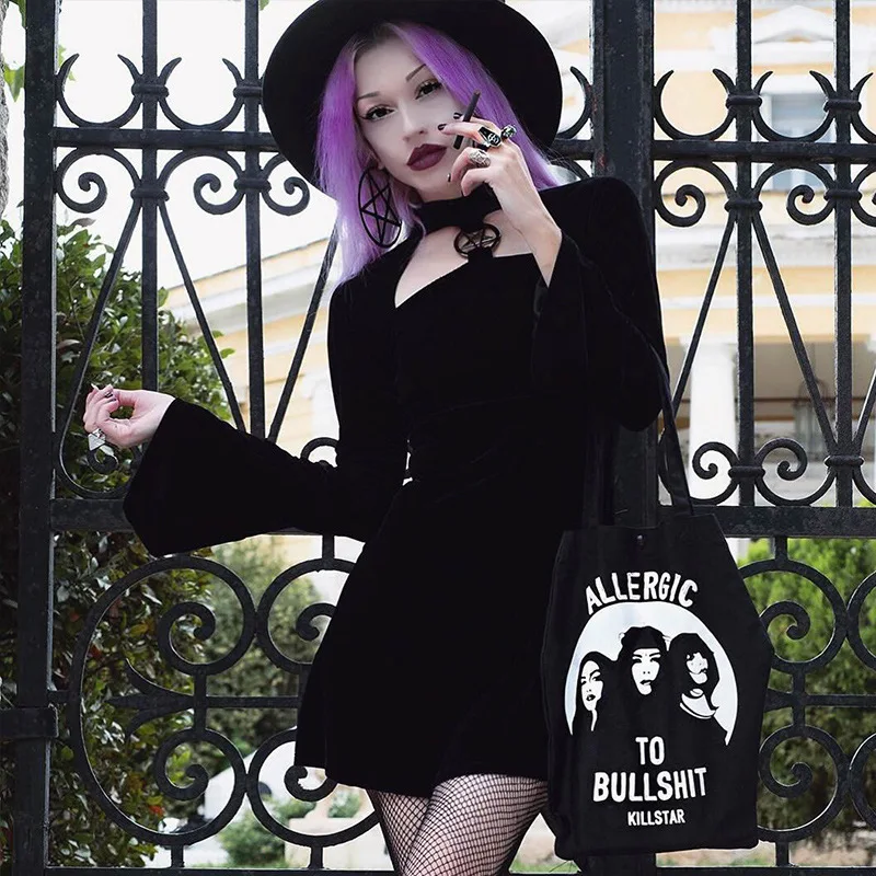 

Punk Pastel Goth Black Velvet Dress Long Flare Sleeve Sexy Dresses for Women