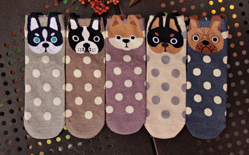 6 пар Для женщин милые носки с принтом собаки забавные Цвет Dot Pattern Девушки Смешные носки модная новинка женские удобные хлопковые Meias носки
