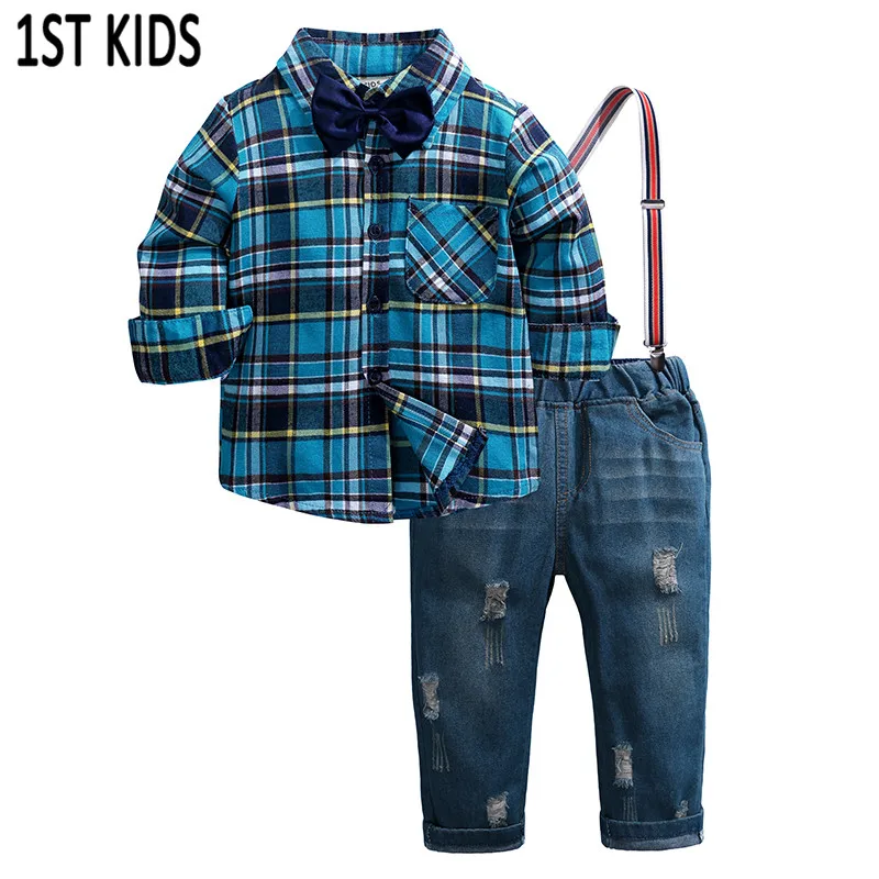 children baby fashion clothes gentlemen  children clothing set gentleman baby lattice grid shirt and overalls DB471