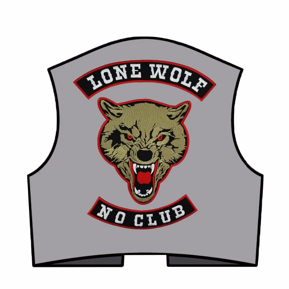 T60102 Fashion LONE WOLF LONE WOLF NO CLUB MC Motorcycle Biker Embroidered Patch Iron On Jacket Vest Rider Badge Large Size Patch Free Shipping (5)