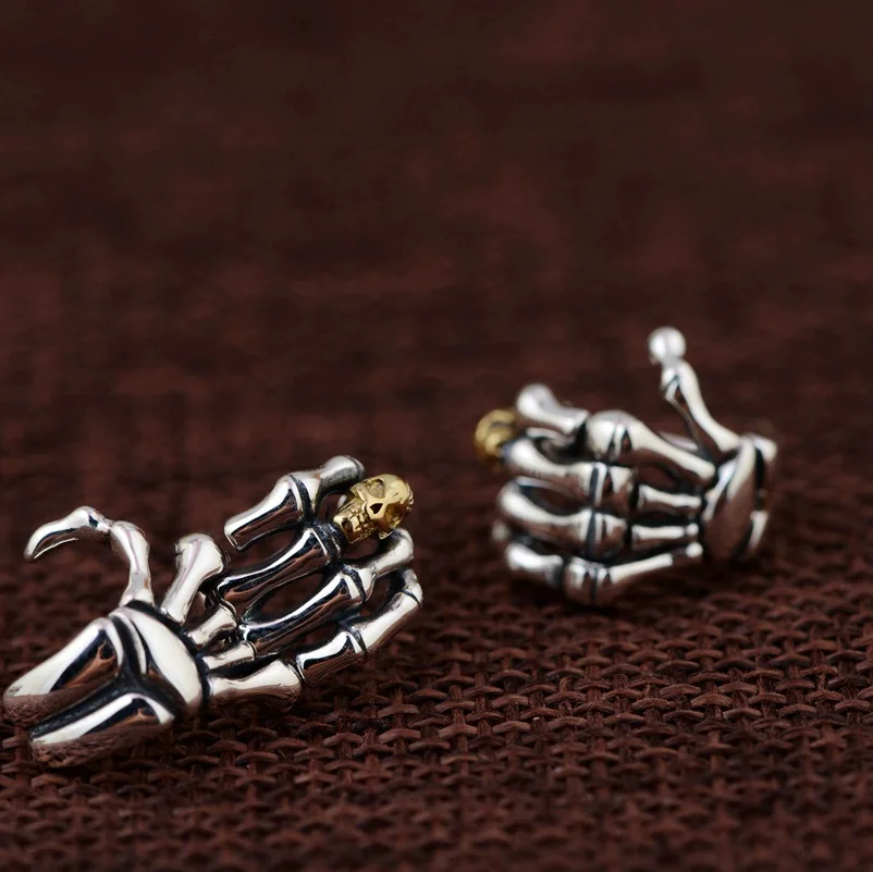 925 пробы серебряные серьги с черепом золотого цвета, серьги-гвоздики для женщин и мужчин, Ретро стиль, панк-рок, модные ювелирные изделия