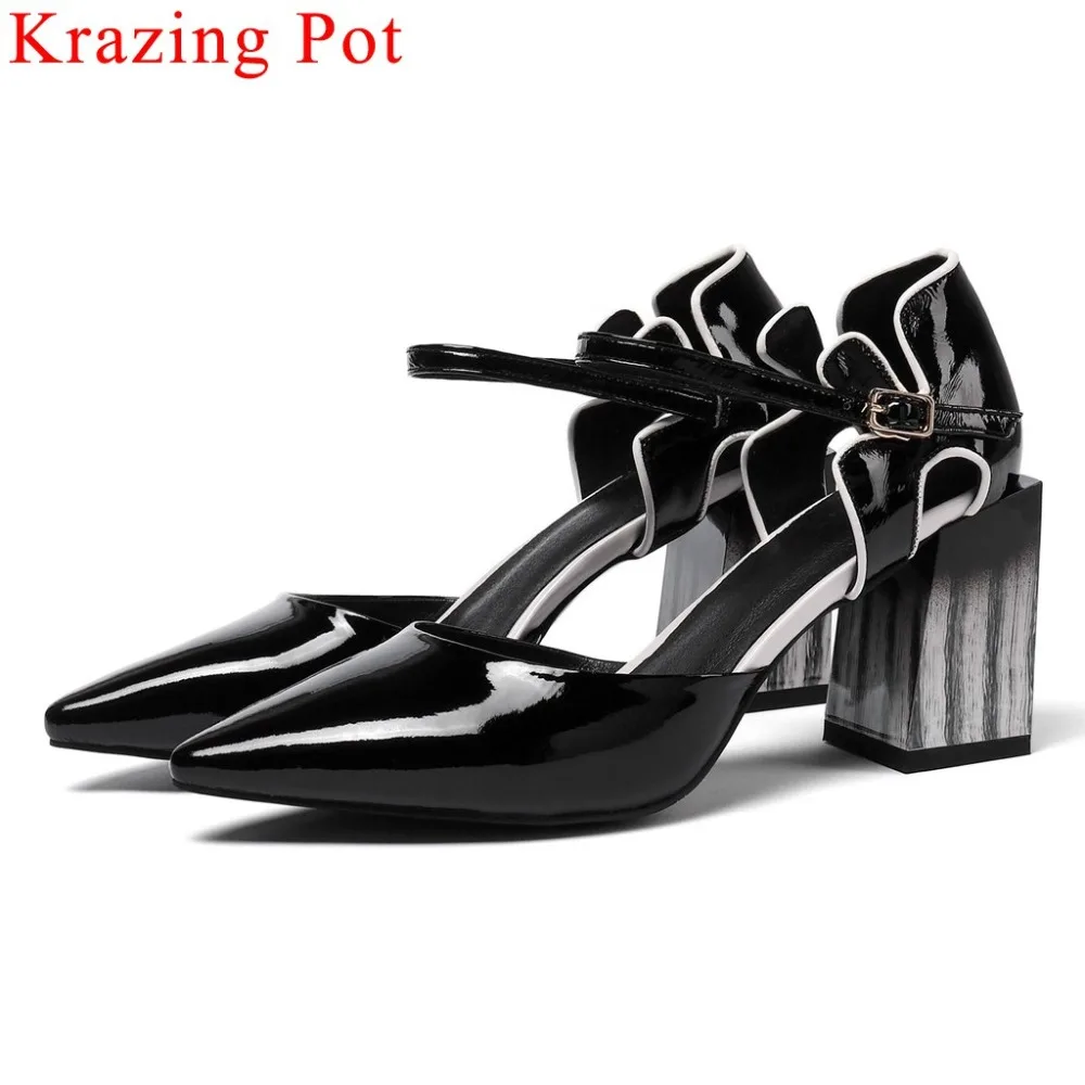 

Krazing pot big size cow leather high heels buckle strap pointed toe hollow women pumps mixed color streetwear runway shoes L0f3