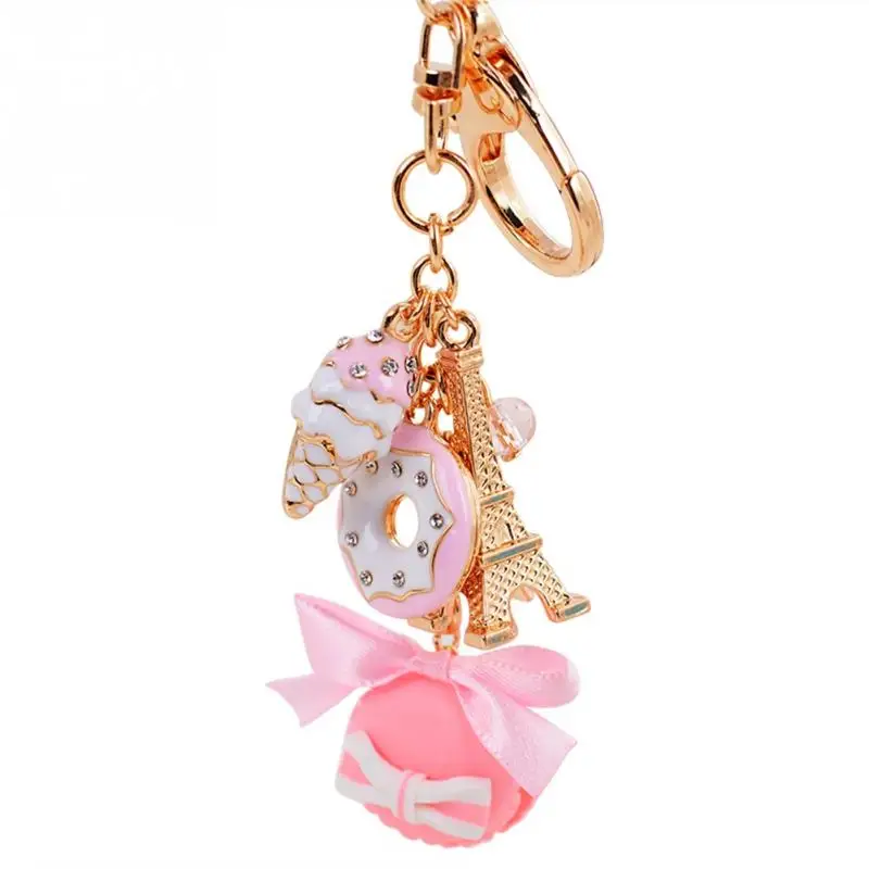 

2018 Macarons Cake Keychain Keychains With France LADUREE Effiel Tower Macarons Ribbon Keyrings Bag Charm Gift Accessories
