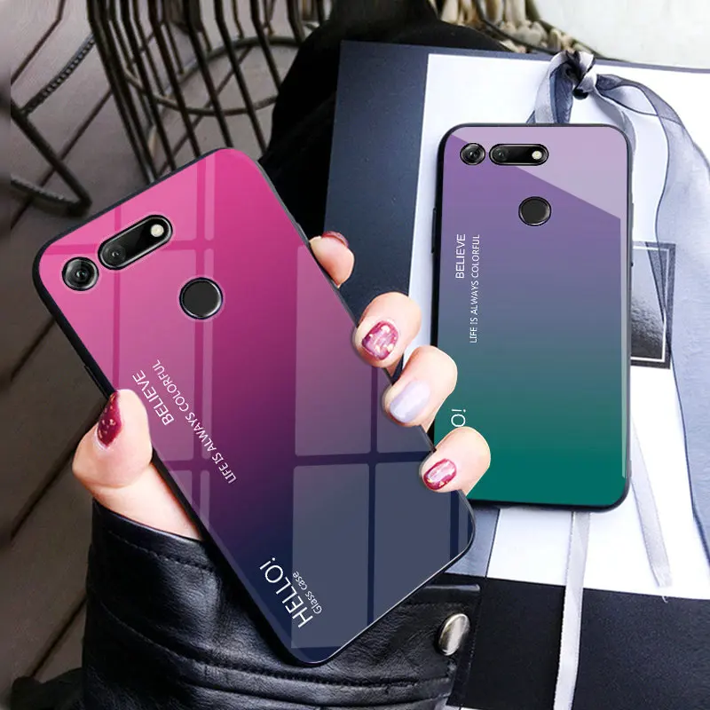For Huawei Honor 7X 8A 9 9Lite V20 View 20 Case Fashion Gradient Tempered Glass Back Shell Soft Edge Shockproof Phone Cover |