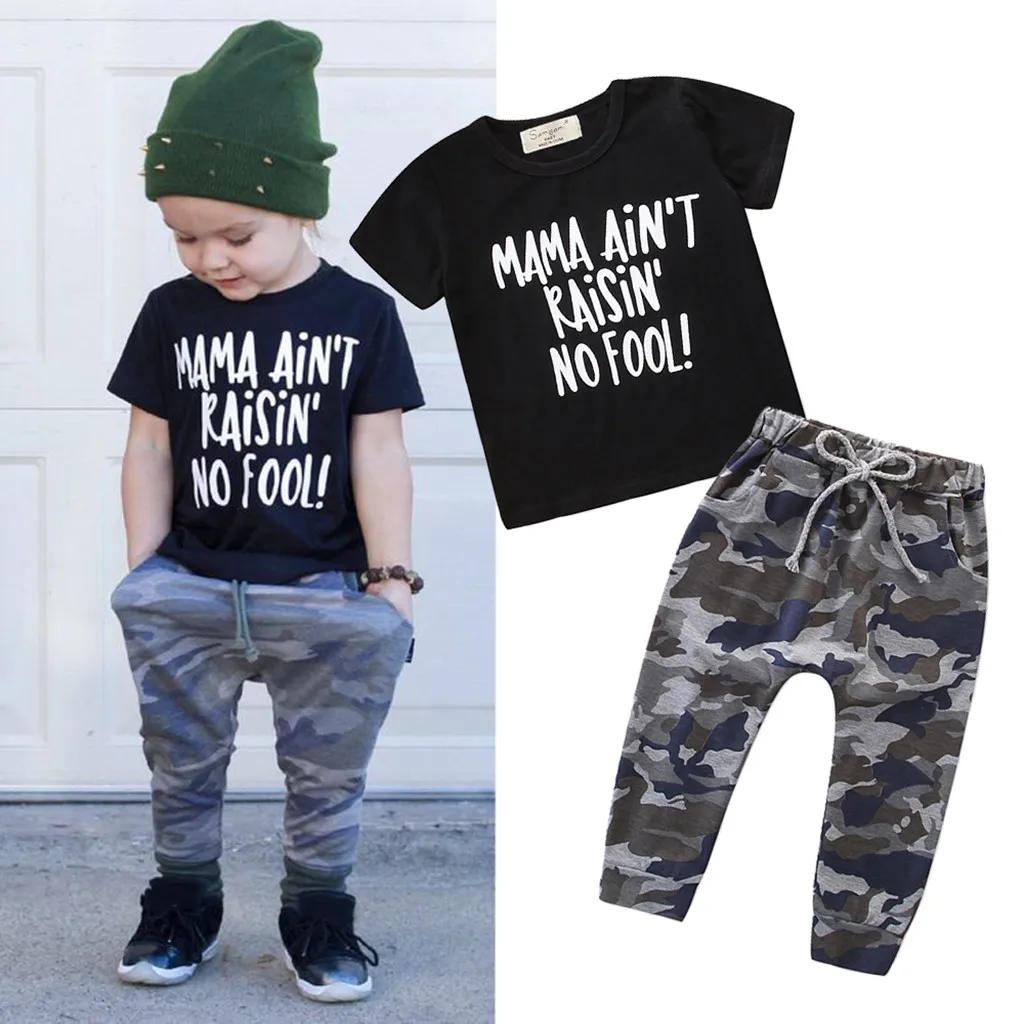 

2019 Toddler Kids Baby Girls Boys clohtes Outfits Letter T-shirt Tops+Camouflage Pants clothes Set costume kids boy clothing