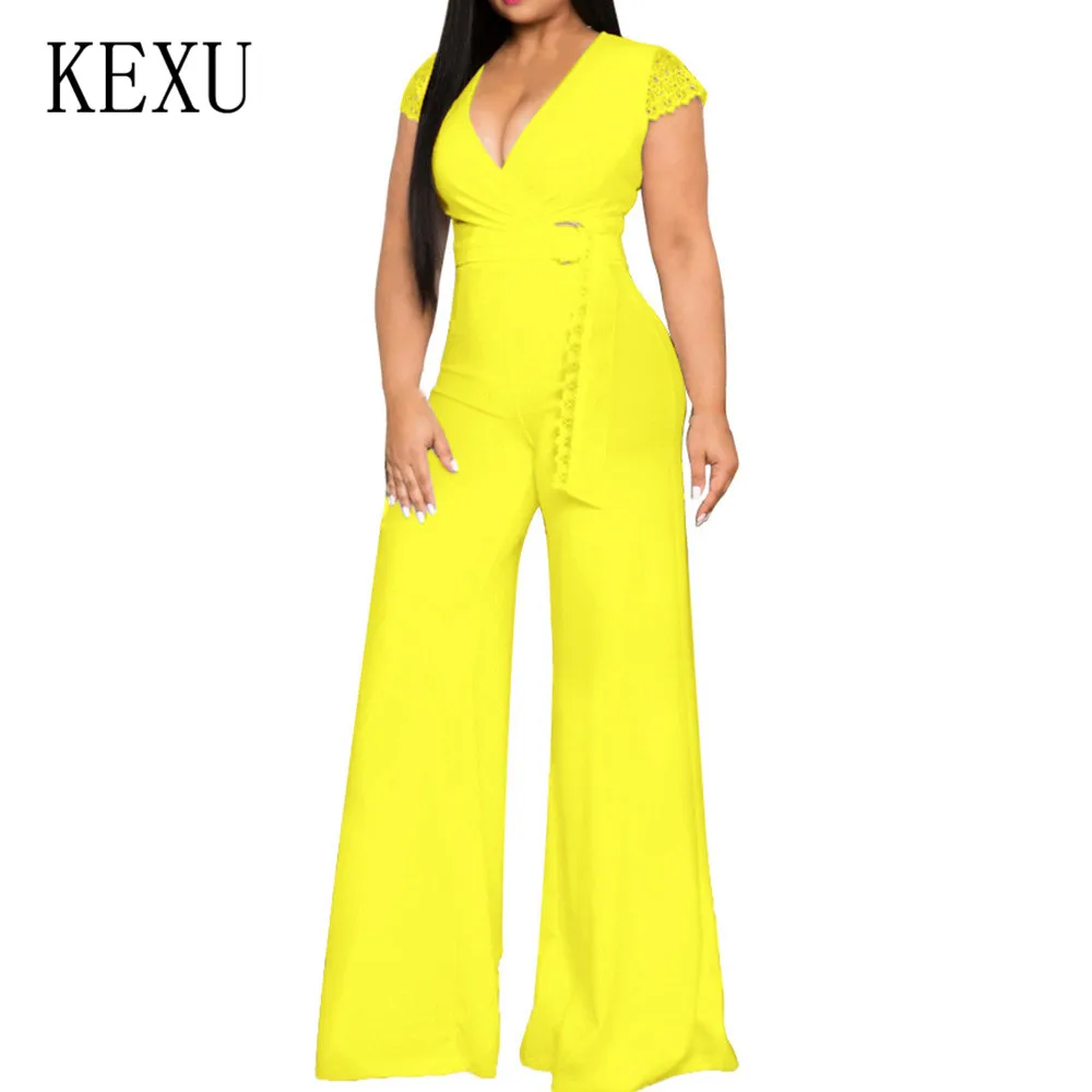 KEXU Romper Jumpsuits with Waist Belt for Women Sexy V-neck Wide Leg Playsuits Summer Casual Office Ladies Fashion Overalls KEXU Romper Jumpsuits with Waist Belt for Women Sexy V-neck Wide Leg Playsuits Summer Casual Office Ladies Fashion Overalls