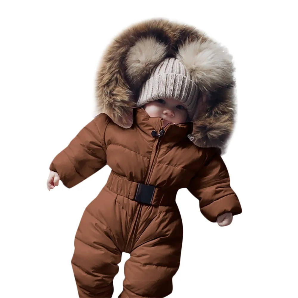 Зимние детские комбинезоны для мальчиков и девочек, комбинезон-жакет с длинными рукавами, комбинезон с капюшоном для малышей, осенне-зимнее теплое плотное пальто - Цвет: Brown