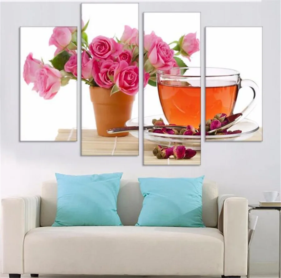 Hot Kitchen 4 Piece Canvas Wall Art Modern Wall Tea Painting Flower