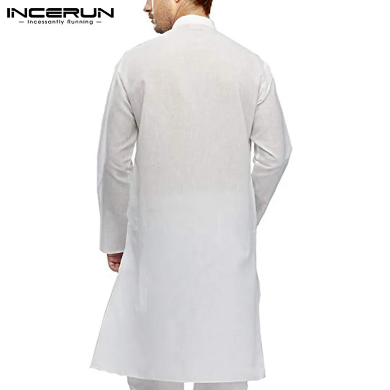 INCERUN, повседневная Хлопковая мужская рубашка, индийский костюм, длинный рукав, стоячий воротник, длинные топы, Мужская мусульманская одежда, пакистанские рубашки