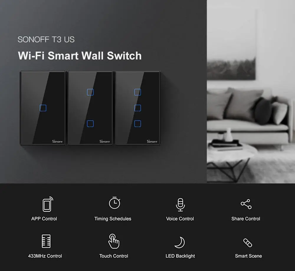 Интеллектуальный выключатель света SONOFF T3 Smart Wi-Fi настенный светильник нам переключатель черный 120 Тип на границах 1/2/3 433 RF/приложение/сенсорный экран Управление работает с Google Home