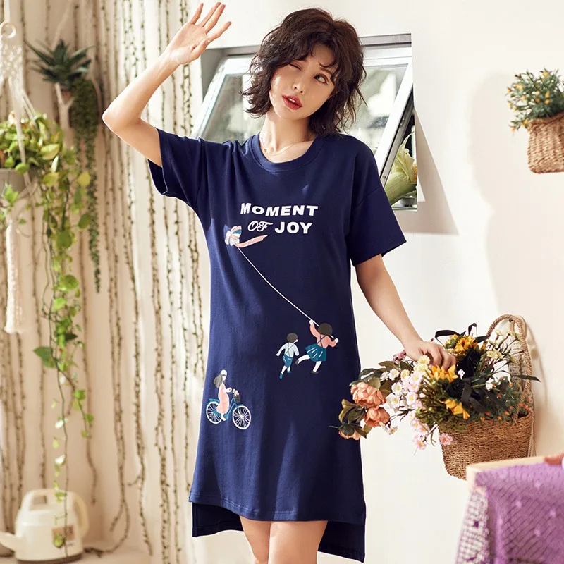 

2019 Summer Fashion 100% Cotton Nightgowns for Women Short Sleeve Sleepwear Cute Cartoon Night Dress Femme Nightdress Home Dress
