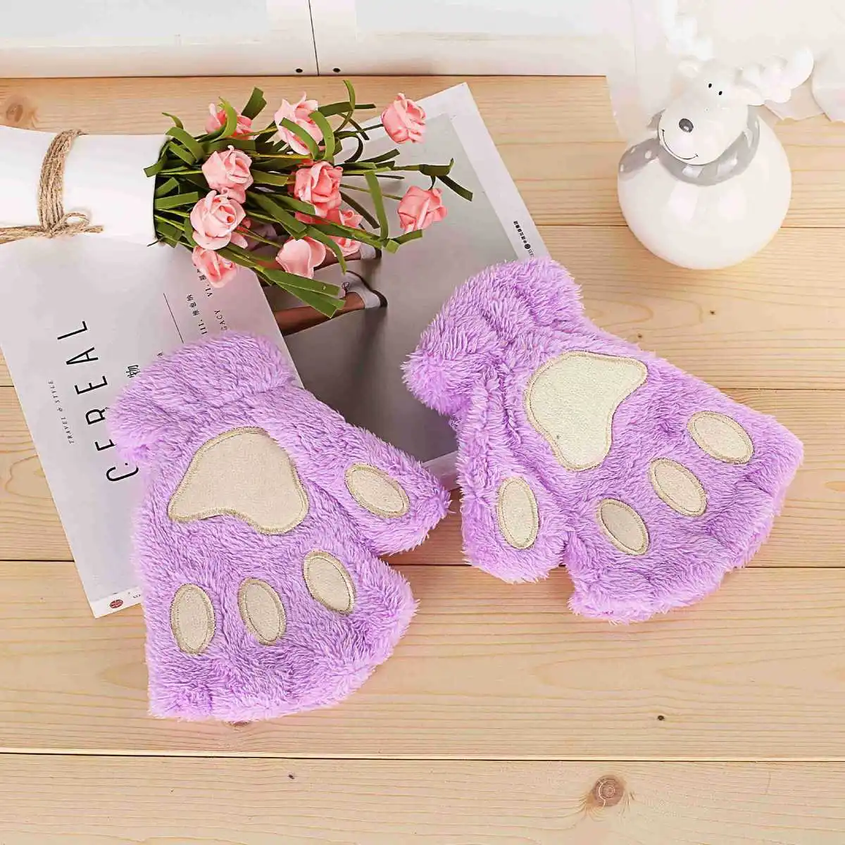 Модные зимние теплые детские перчатки для девочек с котом, без пальцев, милые кошачья лапа с когтями, плюшевые перчатки, варежки, мягкие перчатки - Цвет: Violet