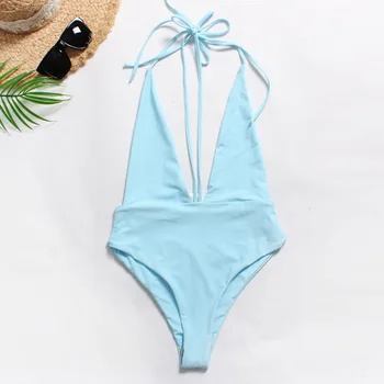 

Blue Fashion Sexy Tight Solid Color Deep V Neck Slim Straps Hanging Neck Chest Pad High Elastic One-piece Bikini Swimsuit Women