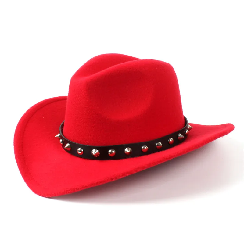 Ретро Шерсть Для женщин Для Мужчин's фетр западная ковбойская шляпа с широкими полями джентльмен леди Джаз в ковбойском стиле; ботильоны с заклепками в стиле «панк» на поясе шляпы сомбреро K20 - Цвет: Red