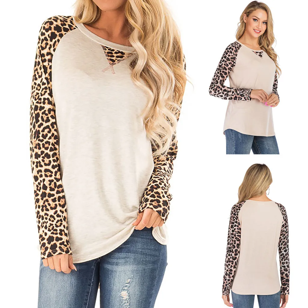 

2019 Tshirt Women Casual Leopard Print Round Neck Long Sleeve Splice T-shirt Loose Tops Camiseta Harajuku Top Women T Shirt Haut