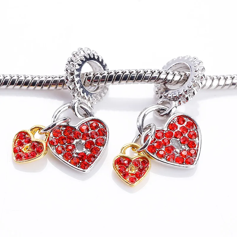 

Kupla Vintage Silver Heart Beads fit Pandora Charms DIY Fashion Red Rhinestone Metal Zinc Alloy Hearts Beads for Jewelry Making