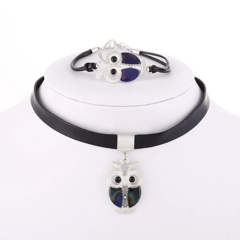 

ZOSHI Color Change Choker Owl Pendants Necklaces Bracelets PU Leather Jewelry Set For Women Man Dress Punk Nightclubs Gift